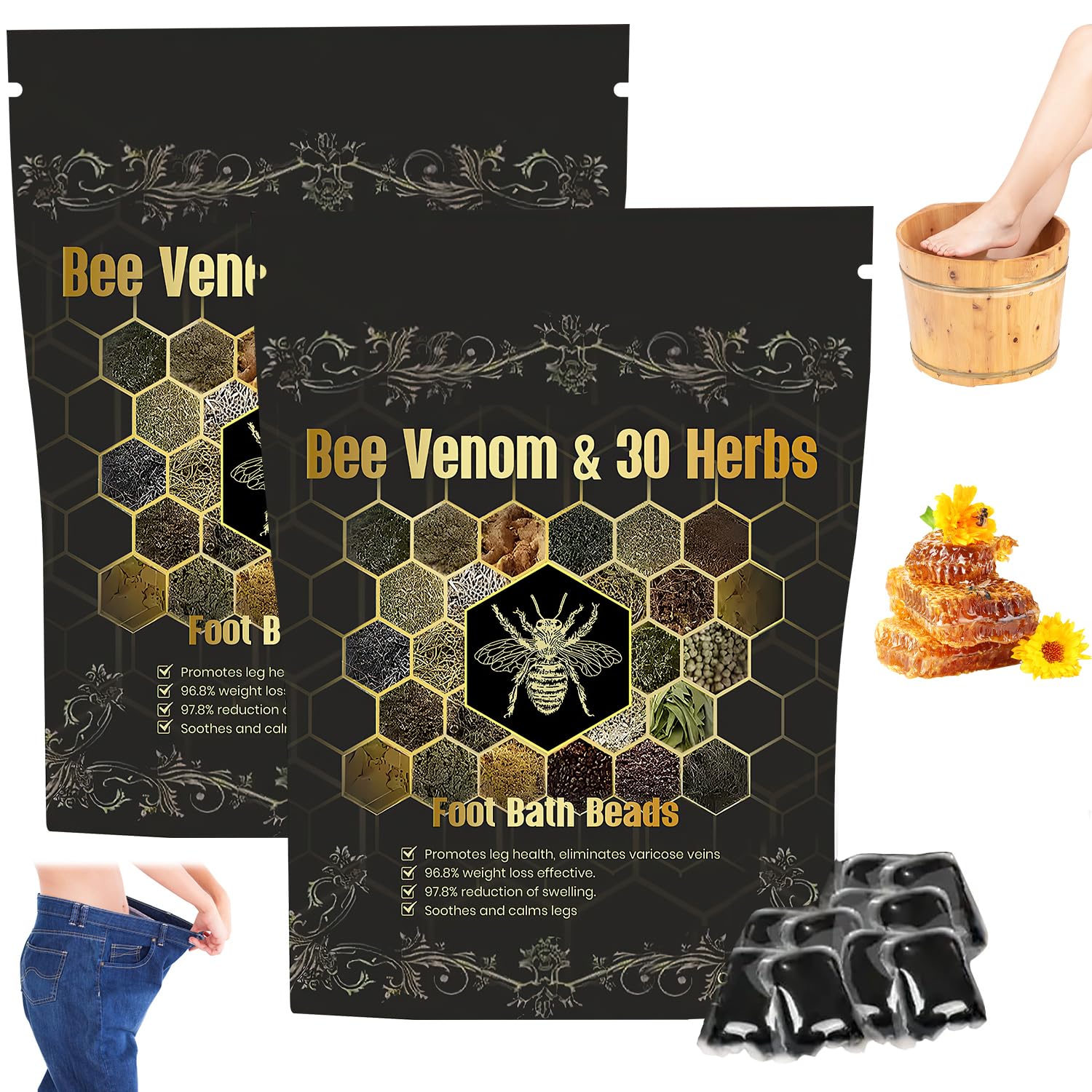 Bee Venom & 30 Herbs Firming Detox Foot Bath Beads Bee Venom Detox&Shaping Cleansing Foot Soak Beads Herbal Foot Bath Beads for Relaxing and Soothing Body Sore Tired (2 Pcs)