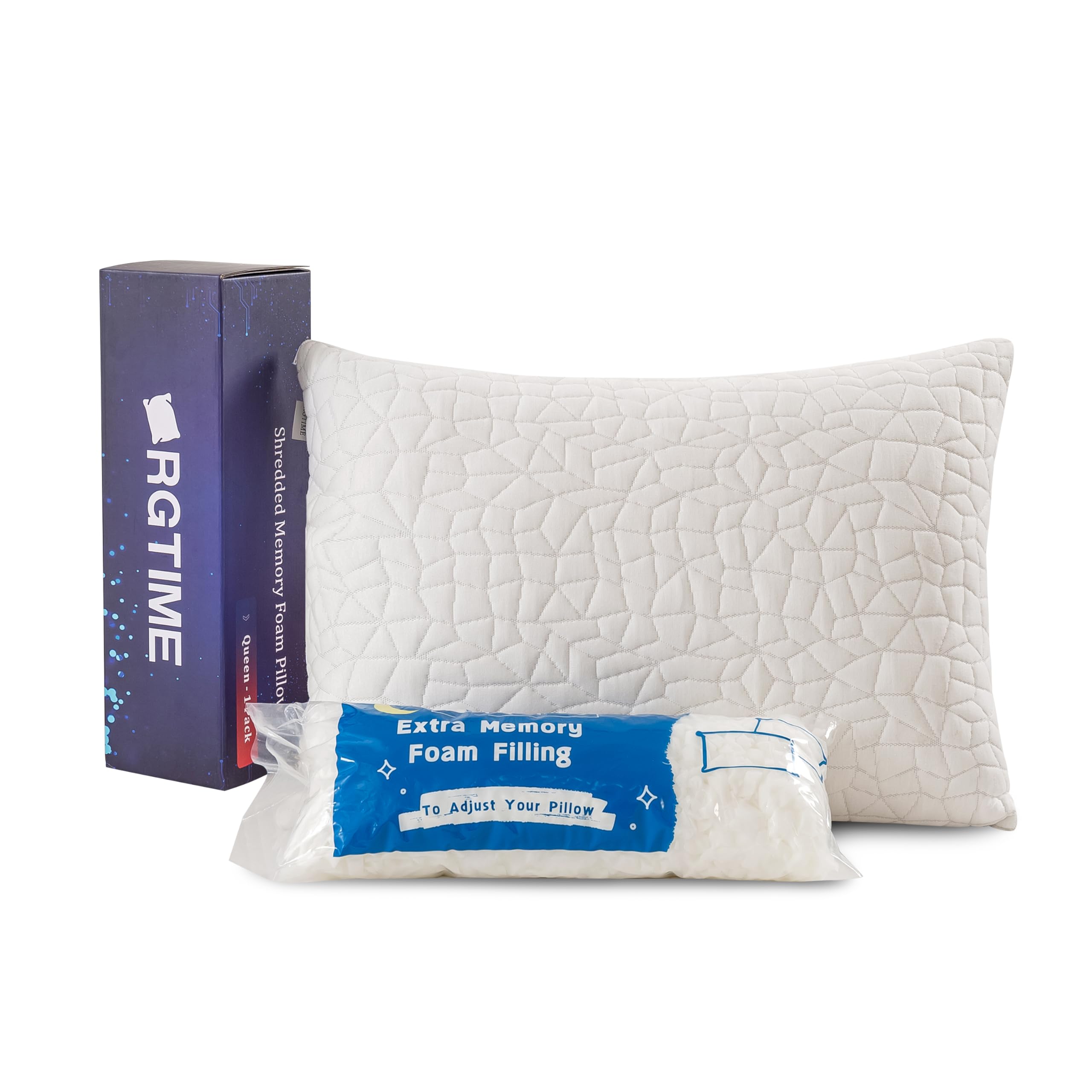 RGTIME Shredded Memory Foam Pillow Queen (1-Pack) Adjustable Bed Pillow for Side Back Stomach SleepersComfy Cooling Pillow for Sleeping with Washable Cover…