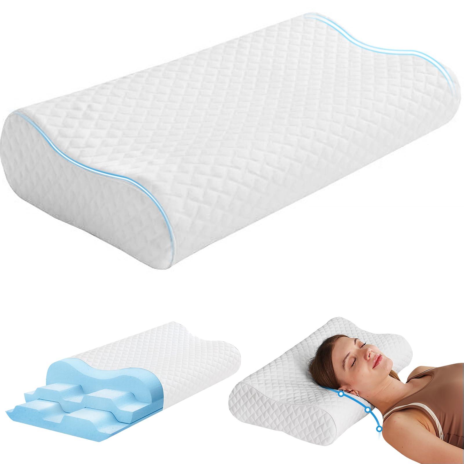 Susalt Neck Cervical Pillows - Memory Foam Pillow for Neck Pain Relief Ergonomic Neck Support Pillow Contour Pillow for Side Back Stomach Sleepers Anti Snoring Pillow White
